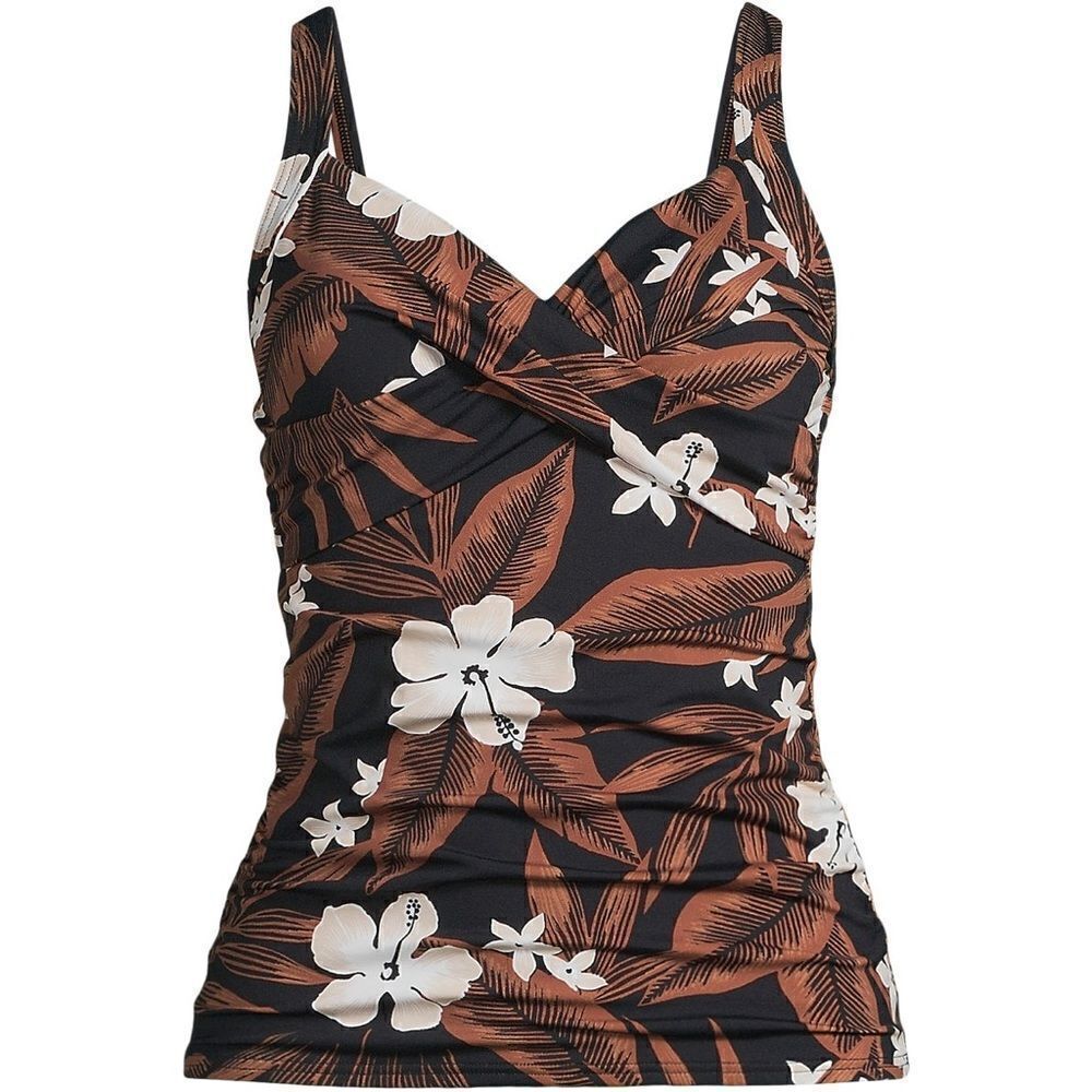 Land’s End Plus Standard Vneck wrap underwire black floral palm tankini Various